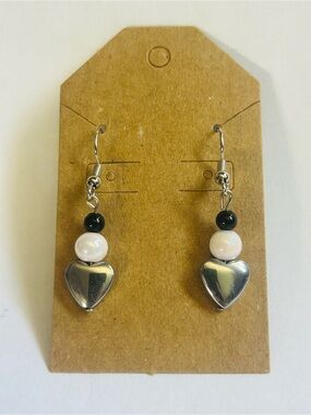 Silver Heart Dangle Earrings with Black and Pearl Beads - Women Jewelry